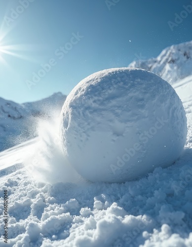 Snowball rolls downhill, illustrating compound interest financial growth concept. Represents accumulation, exponential increase of wealth. Winter landscape. Business success, investment strategy