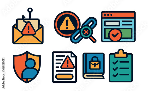 Flat vector icons of phishing and scam protection: phishing email warning, scam alert badge, suspicious link detector, fake website checker, identity theft shield, report phishing form, secure email