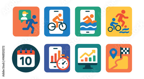 Flat vector icons of sports training apps: running coach app, cycling training program, swimming workout app, triathlon preparation plan, race day countdown badge, interval training app, track