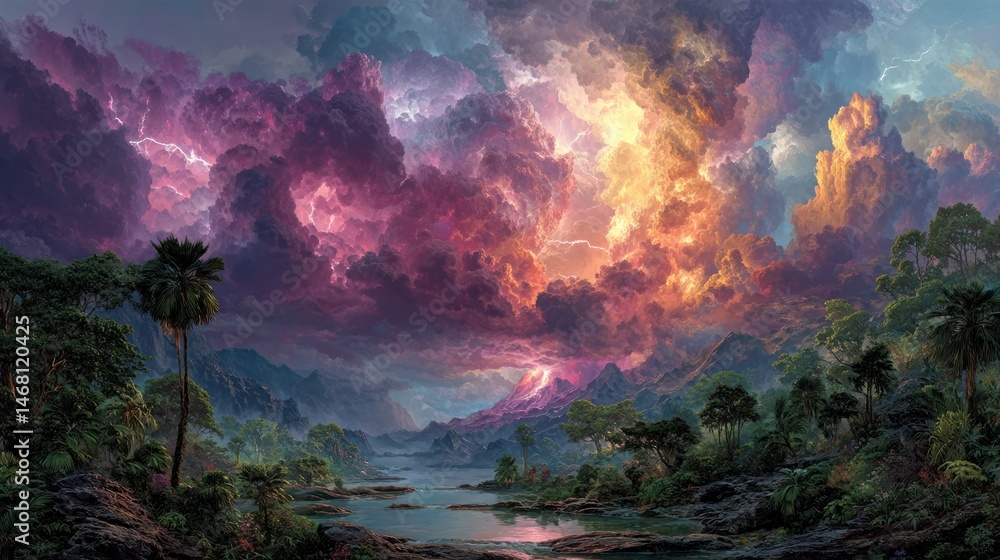 Fototapeta premium Tropical Stormy Sunset Landscape Art Print