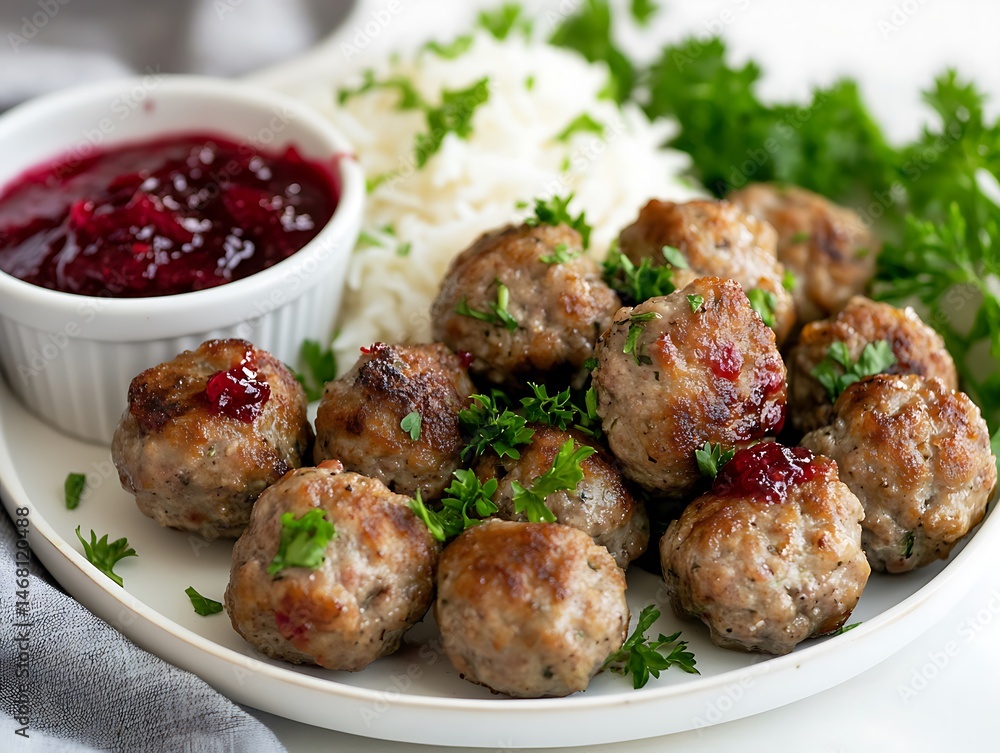 Plate Of Swedish Meatballs Garnished With Parsley, Served With Rice And Lingonberry Plate Of Swedish Meatballs Garnished With Parsley, Served With Rice And Lingonberry