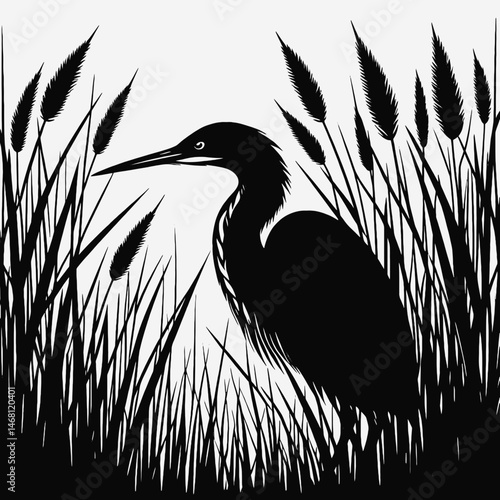 vector silhouette of a bittern bird hidden among reeds, long neck, subtle curves, white background 