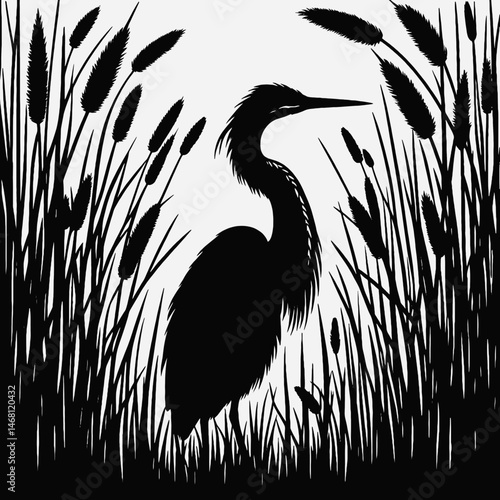vector silhouette of a bittern bird hidden among reeds, long neck, subtle curves, white background 