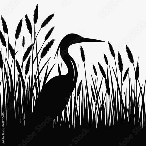 vector silhouette of a bittern bird hidden among reeds, long neck, subtle curves, white background 