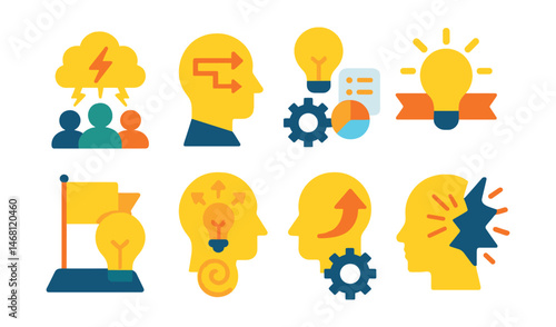 Flat vector icons of creative thinking trainings: brainstorming workshop badge, lateral thinking session, ideation techniques course, creativity booster badge, innovation training camp, idea