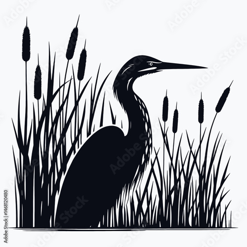 vector silhouette of a bittern bird hidden among reeds, long neck, subtle curves, white background 