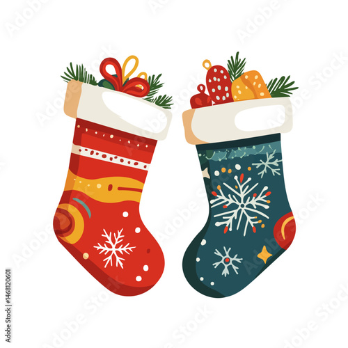 Christmas Stockings 2D flat vector illustration, isolated on a white background.