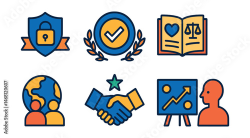 Flat vector icons of coaching values and ethics: coaching confidentiality badge, ethical coaching practices badge, integrity in coaching guide, respectful communication badge, cultural sensitivity