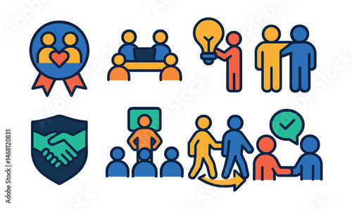 Flat vector icons of peer mentorship: peer support group badge, collaborative learning session, skill sharing mentorship, buddy system mentorship, accountability partnership badge, group mentoring