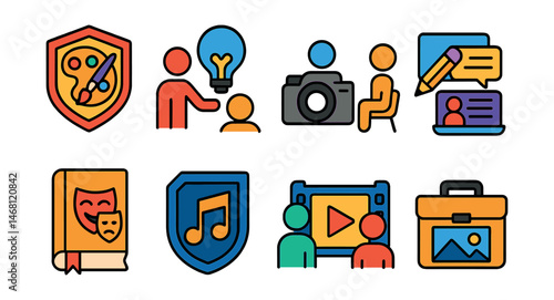 Flat vector icons of creative industry mentorship: art mentorship badge, design thinking mentorship, photography mentorship session, creative writing mentor program, performance arts mentorship guide