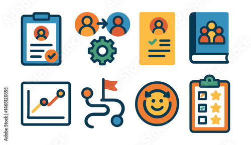 Flat vector icons of mentorship program structure: mentorship application form icon, mentor matching algorithm, mentee onboarding guide, mentorship program handbook, milestone tracking chart,