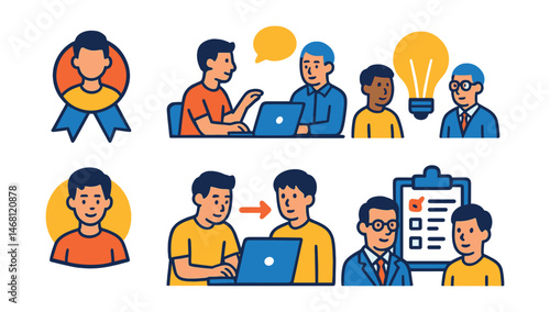 Flat vector icons of reverse mentorship: young mentor badge, reverse mentorship session, innovation through mentoring, fresh perspective badge, technology skills mentoring, millennial and Gen Z