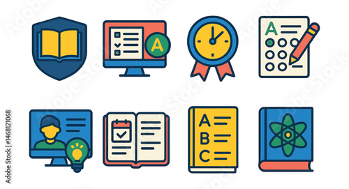Flat vector icons of exam preparation learning: test prep guide badge, mock exam session, timed practice test badge, standardized test preparation, exam-taking strategies course, academic success