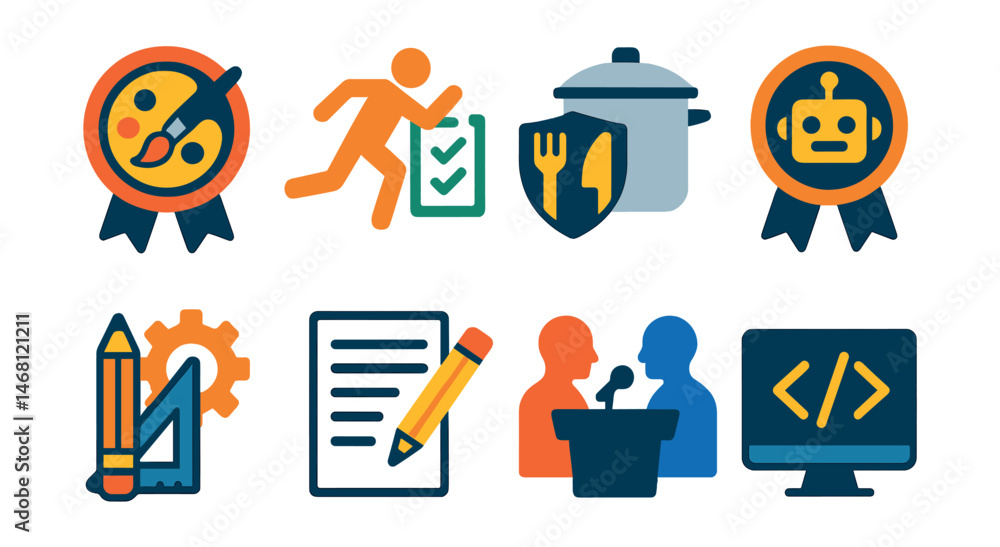 Fototapeta premium Flat vector icons of special skills exams: artistic skills exam badge, athletic performance assessment, culinary skills test icon, robotics competition badge, engineering design challenge, creative