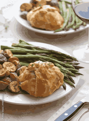 Beef Wellington vector illustration. Realistic gourmet dish with golden puff pastry and beef tenderloin. Perfect for restaurant menus, recipe books, and culinary design projects.