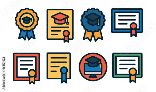 Flat vector icons of types of diplomas: bachelor’s degree diploma badge, master’s degree diploma icon, doctorate PhD diploma badge, associate degree certificate, postgraduate diploma, honorary degree