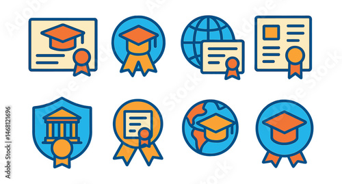 Flat vector icons of international diplomas: international graduation certificate, study abroad diploma badge, global education diploma, bilingual diploma certificate, foreign university diploma
