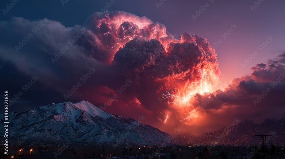 Fototapeta premium Volcanic eruption lightning storm mountain sunset town
