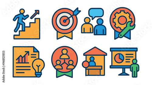Flat vector icons of career growth and planning: career ladder roadmap, goal setting for career badge, mentorship program icon, skill-building workshop badge, career development plan guide,