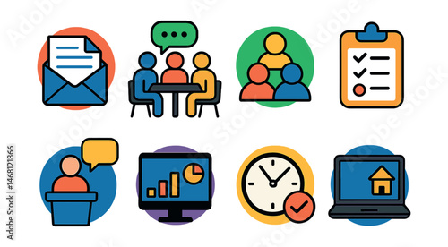 Flat vector icons of essential workplace skills: email writing badge, meeting participation guide, teamwork collaboration badge, project management basics, public speaking for meetings, basic office
