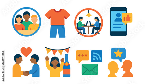 Flat vector icons of adapting to workplace culture: first team meeting badge, casual Friday attire, open office etiquette badge, professional social media behavior, teamwork and respect icon, office
