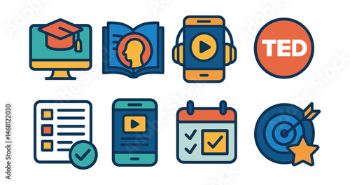 Flat vector icons of learning and self-education: online course enrollment badge, personal development book club, audiobook listening app, TED talk learning badge, lifelong learning goal tracker,