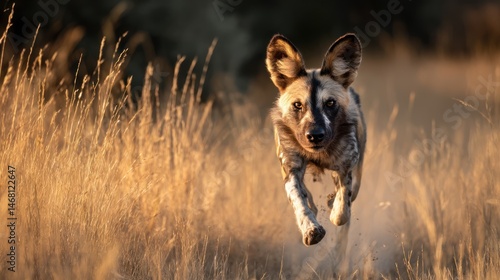 Wild Dog Running Savannah Sunset Africa Wildlife