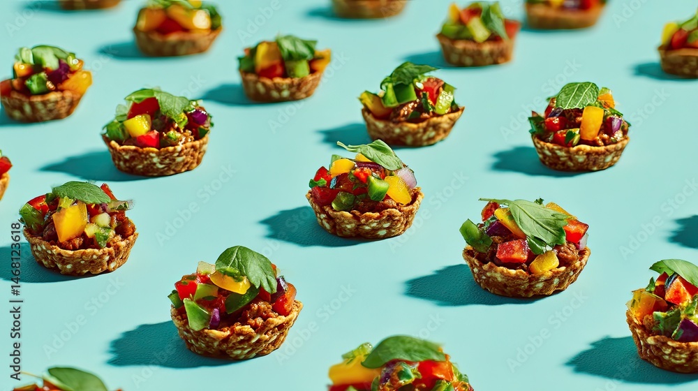 Fototapeta premium Tiny Taco Bites Colorful Appetizers on Blue Background Delicious Snack Idea.