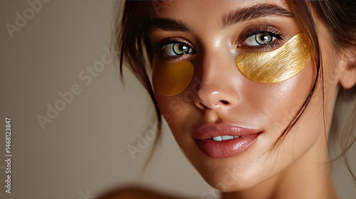 Woman applying gold eye patches, beauty treatment, studio, skincare