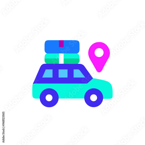 Road trip icon with car and luggage in flat style for travel design with copy space
