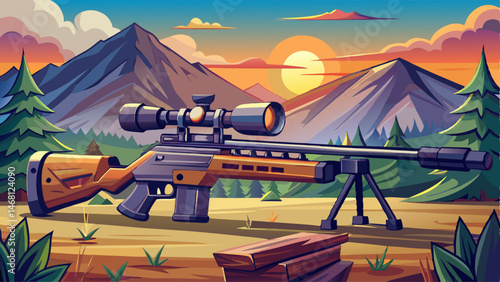 Sniper rifle with silencer and scope at shooting range