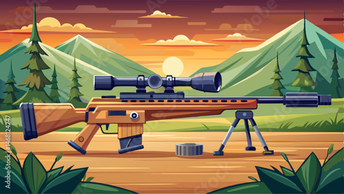 Sniper rifle with silencer and scope at shooting range