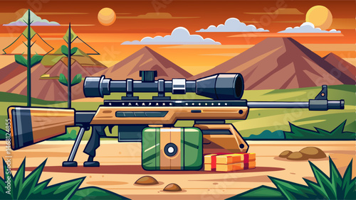 Sniper rifle with silencer and scope at shooting range