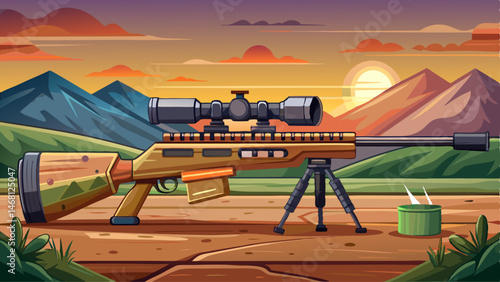 Sniper rifle with silencer and scope at shooting range