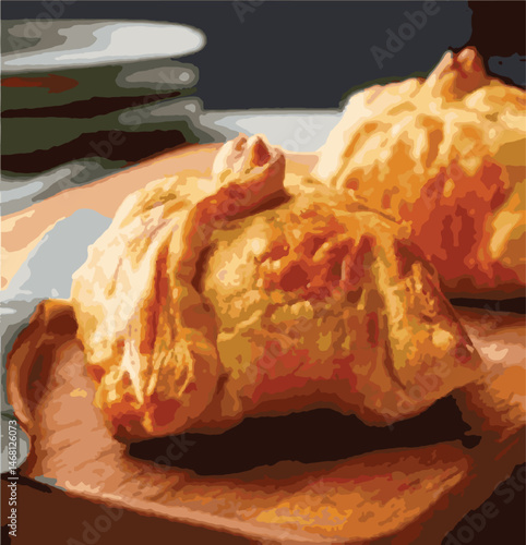 Beef Wellington vector illustration. Realistic gourmet dish with golden puff pastry and beef tenderloin. Perfect for restaurant menus, recipe books, and culinary design projects.