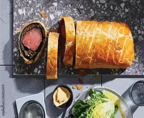 Beef Wellington vector illustration. Realistic gourmet dish with golden puff pastry and beef tenderloin. Perfect for restaurant menus, recipe books, and culinary design projects.