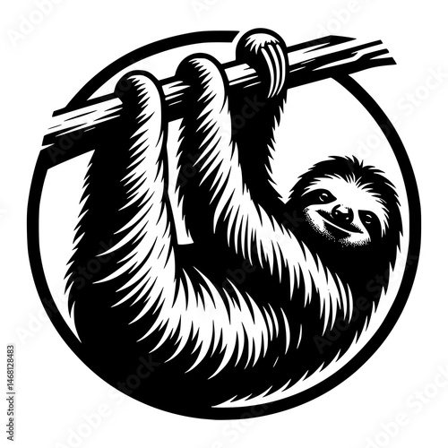 A smiling sloth hanging from a tree branch, framed within a circular design. The image showcases the unique features of the sloth in a simple and eye-catching style. 
