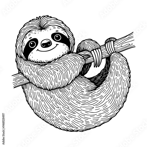 A cute sloth hanging from a tree branch, smiling with contentment. It's a fun and playful illustration.