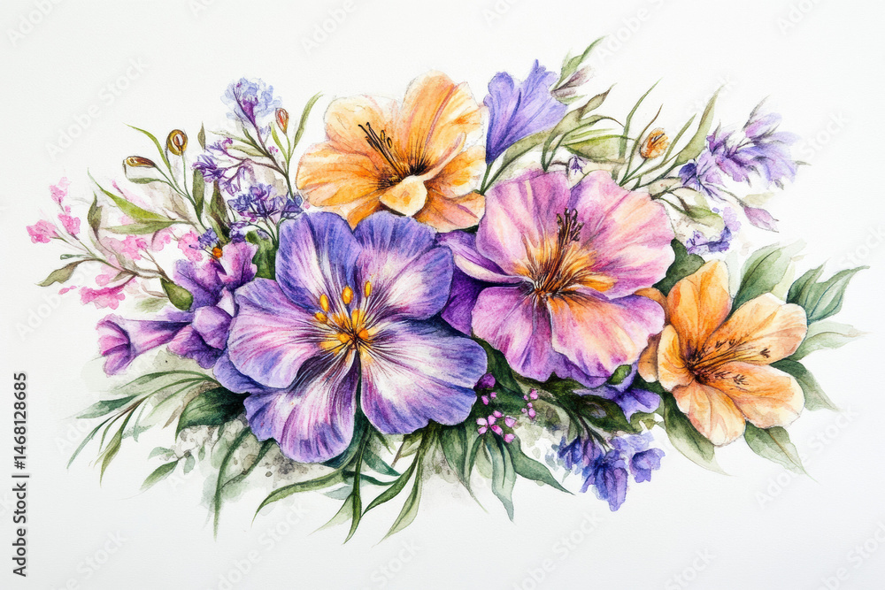 Obraz premium Delicate watercolor painting of mixed wildflowers in shades of purple, orange and pink with green foliage in loose botanical style 