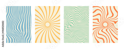 Groovy hippie 70s backgrounds. Waves, swirl, twirl pattern. Twisted and distorted vector texture in trendy retro psychedelic style.