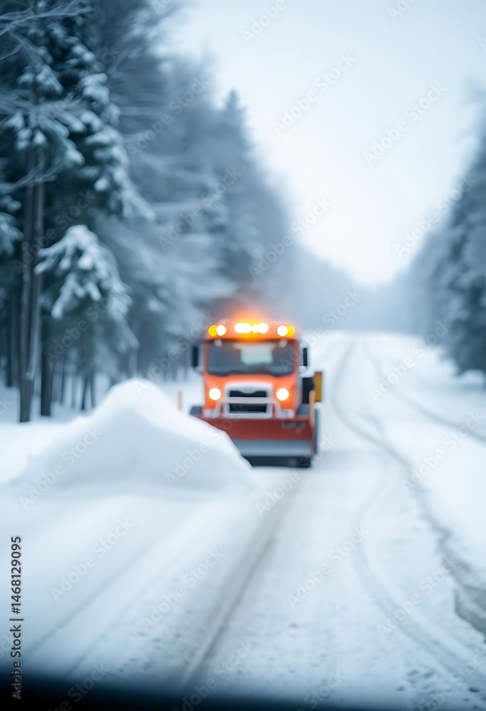 Obraz premium red truck driving down a snow covered road
