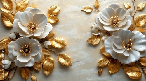 Elegant 3D Floral Wallpaper: White and Gold Blooms