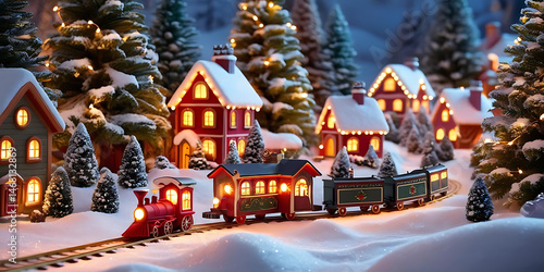Christmas Village Scene with Toy Train, Snow-Covered Trees, and Cozy Homes