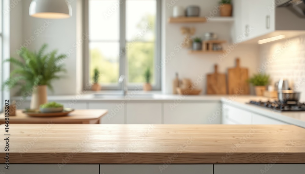 Empty wood table top with modern kitchen interior blurred background. Ready product montage display. Ideal for product placement advertisement. Bright, clean, minimalist design, blank space, Empty wood table top with modern kitchen interior blurred background. Ready product montage display. Ideal for product placement advertisement. Bright, clean, minimalist design, blank space,