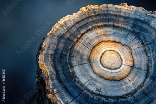 Close-up of a tree stump's cross-section, showcasing its concentric rings and intricate texture.