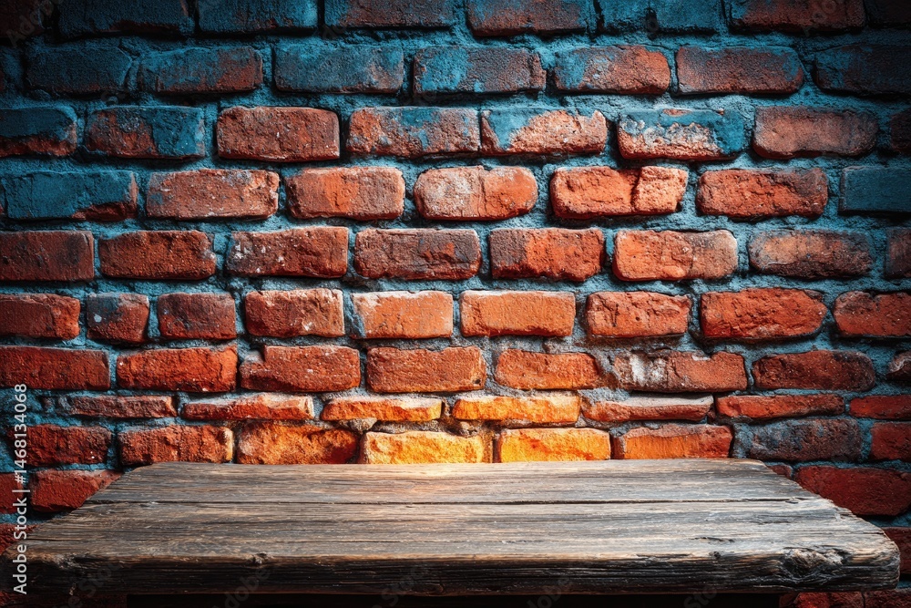 Rustic wooden table against a brick wall Rustic wooden table against a brick wall