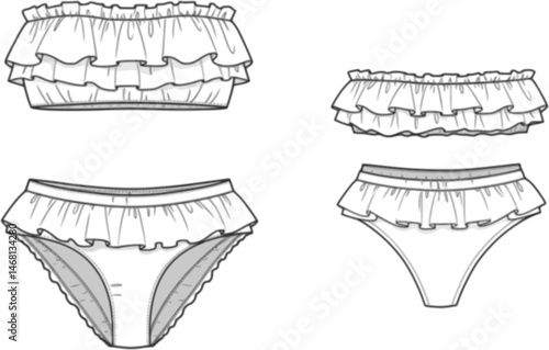 womens ruffle trim bandeau bikini set strapless tube top two piece swim suit flat sketch vector illustration technical cad drawing template
