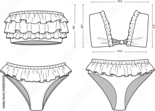 womens ruffle trim bandeau bikini set strapless tube top two piece swim suit flat sketch vector illustration technical cad drawing template

