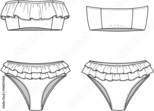 womens ruffle trim bandeau bikini set strapless tube top two piece swim suit flat sketch vector illustration technical cad drawing template
