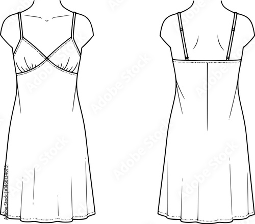 slip dress flat sketch technical illustration. front and back apparel template. women's slip dress CAD mock-up.
